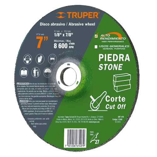 Disco T.27 Corte Piedra 7'' Alto Rend. Truper 11566 $145 MXN
