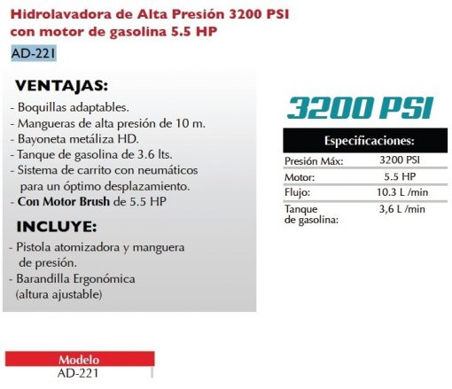 Hidrolavadora Alta Pres 3200Psi Motor Gasolina Ad221 Adir 72 $ 8