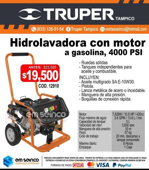 Hidrolavadora Con Motor A Gasolina 4000 Psi $ 19