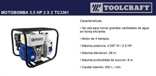 Motobomba 5.5 Hp 2 X 2 Tc3361 Toolcraft T0526 $ 3
