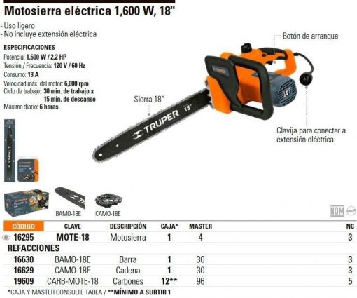 Motosierra Electrica 18' 1600 W Truper 16295 2.2Hp $ 2