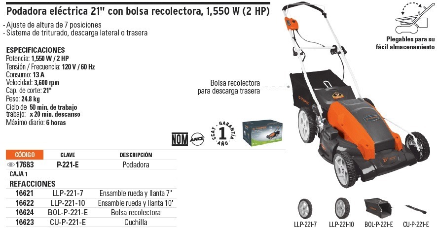 Podadora Eléctrica 21 Bolsa Conectora TRUPER P-221-E en Guatemala