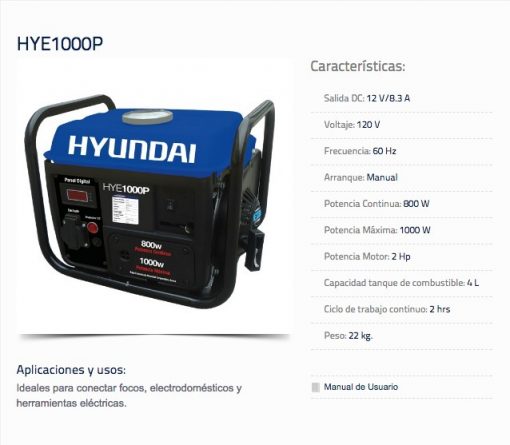 Generador Hyundai Portatil 1000w Hye1000p $ 3