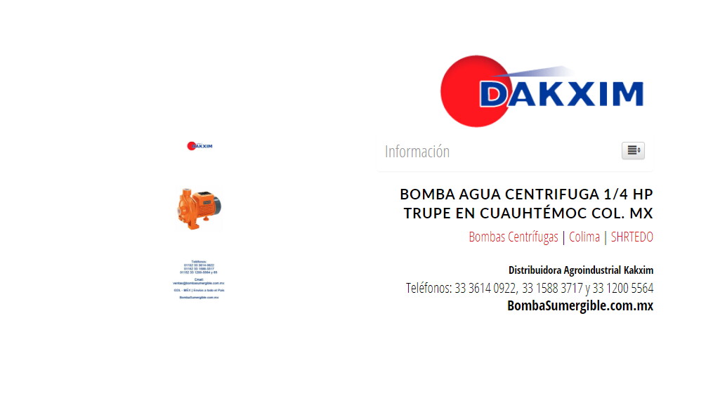 Bomba Agua Centrifuga 1/4 Hp Trupe en Cuauhtémoc Col. MX