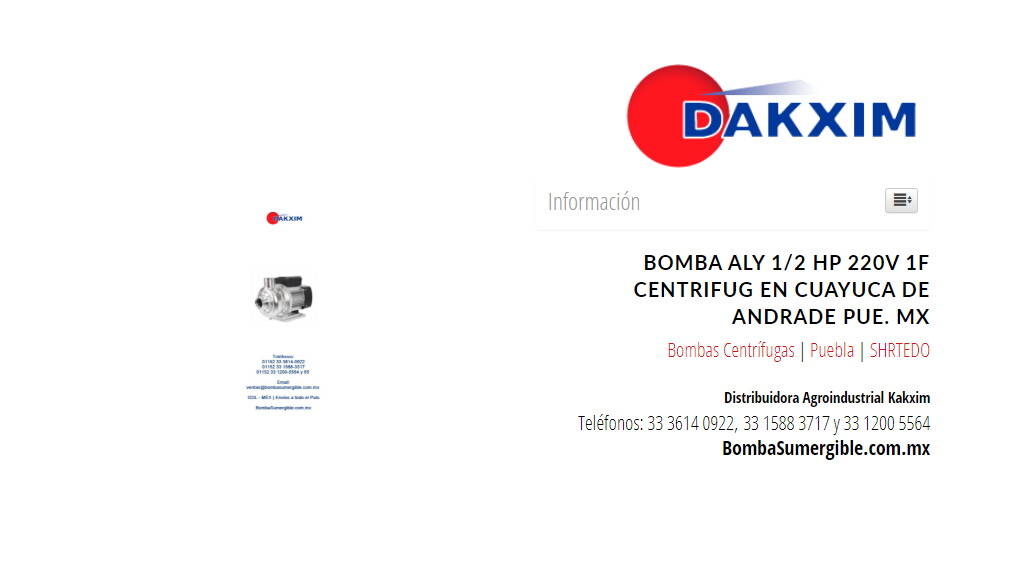 Bomba Aly 1/2 Hp 220v 1f Centrifug en Cuayuca de Andrade Pue. MX