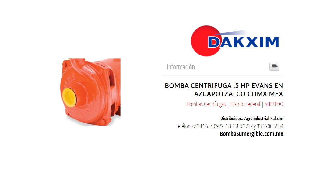 Bomba Centrifuga .5 Hp Evans en Azcapotzalco CDMX Mex