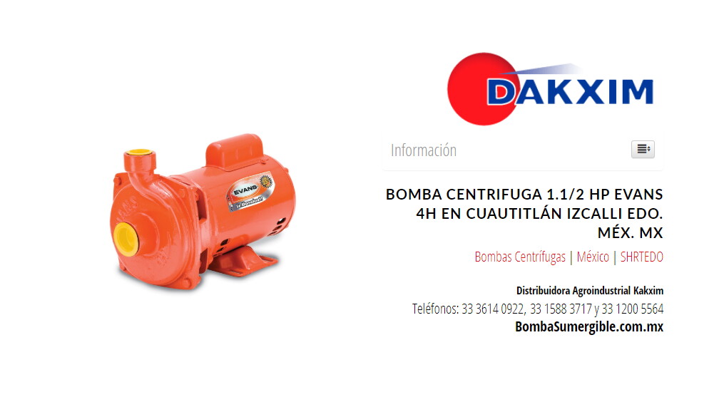 Bomba Centrifuga 1.1/2 Hp Evans 4h en Cuautitlán Izcalli Edo. Méx. MX