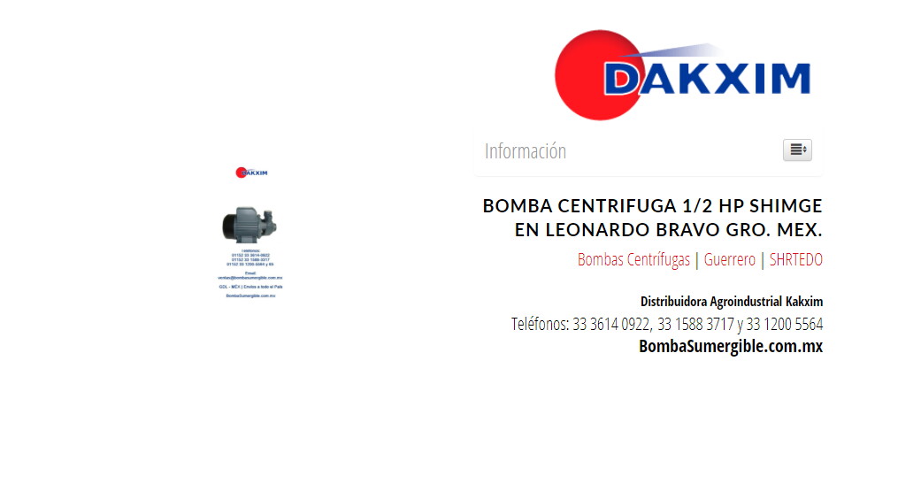 Bomba Centrifuga 1/2 Hp Shimge en Leonardo Bravo Gro. Mex.