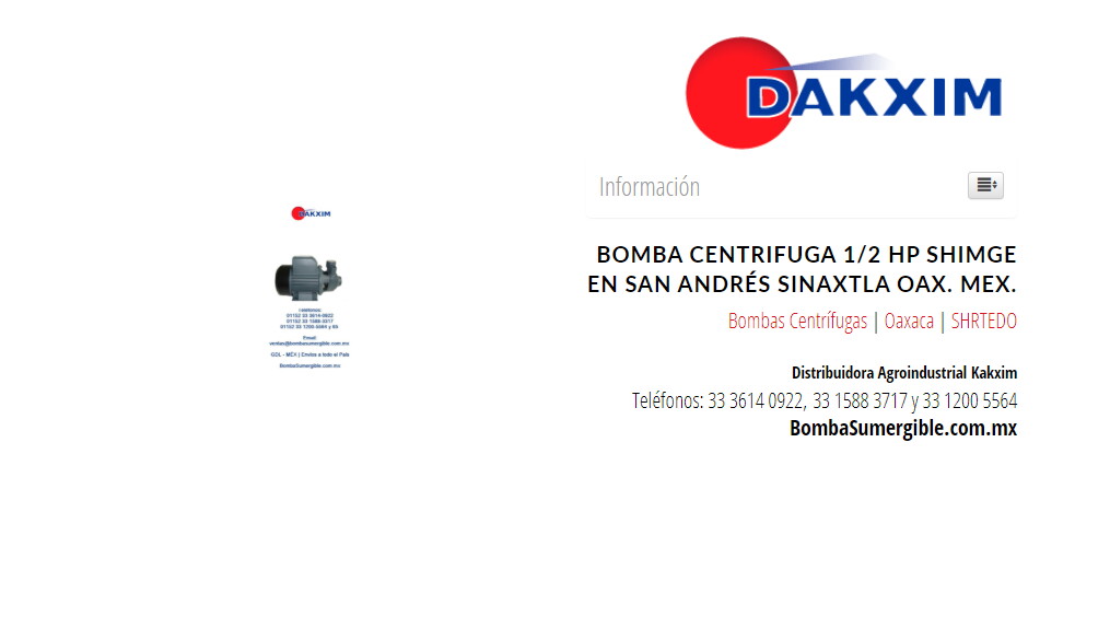 Bomba Centrifuga 1/2 Hp Shimge en San Andrés Sinaxtla Oax. Mex.