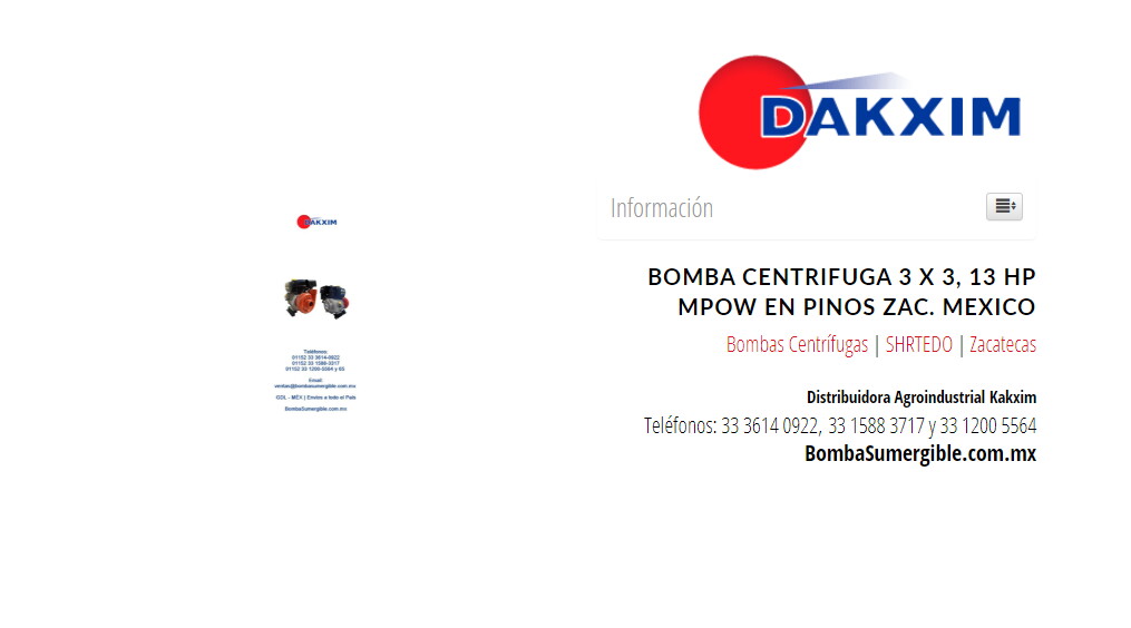 Bomba Centrifuga 3 X 3, 13 Hp Mpow en Pinos Zac. Mexico