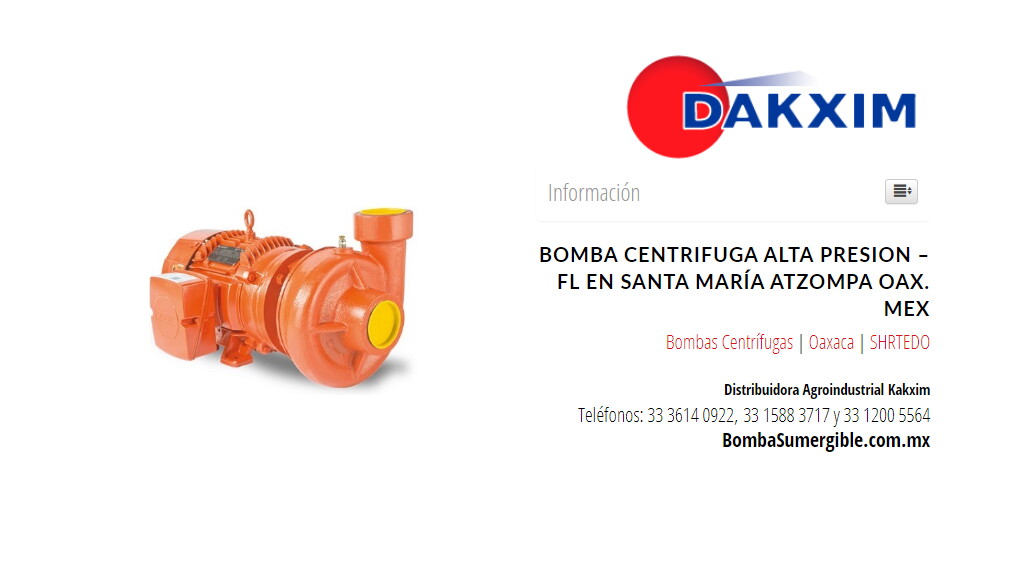 Bomba Centrifuga Alta Presion – Fl en Santa María Atzompa Oax. Mex