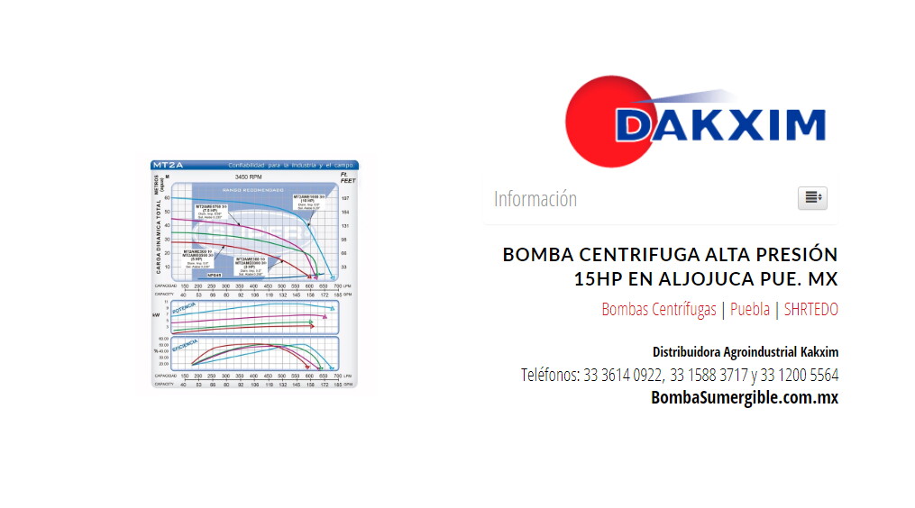 Bomba Centrifuga Alta Presión 15hp en Aljojuca Pue. MX