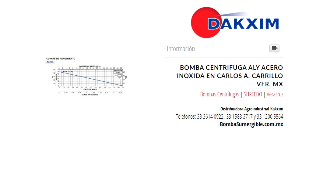 Bomba Centrifuga Aly Acero Inoxida en Carlos A. Carrillo Ver. MX