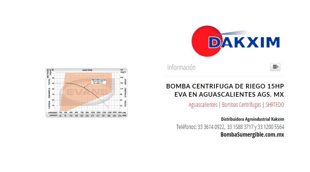 Bomba Centrifuga De Riego 15hp Eva en Aguascalientes Ags. MX