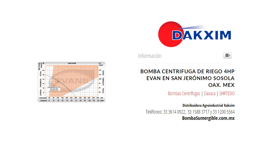 Bomba Centrifuga De Riego 4hp Evan en San Jerónimo Sosola Oax. Mex