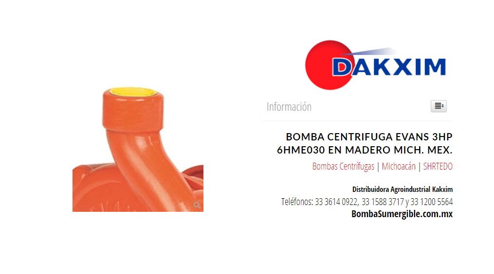 Bomba Centrifuga Evans 3hp 6hme030 en Madero Mich. Mex.