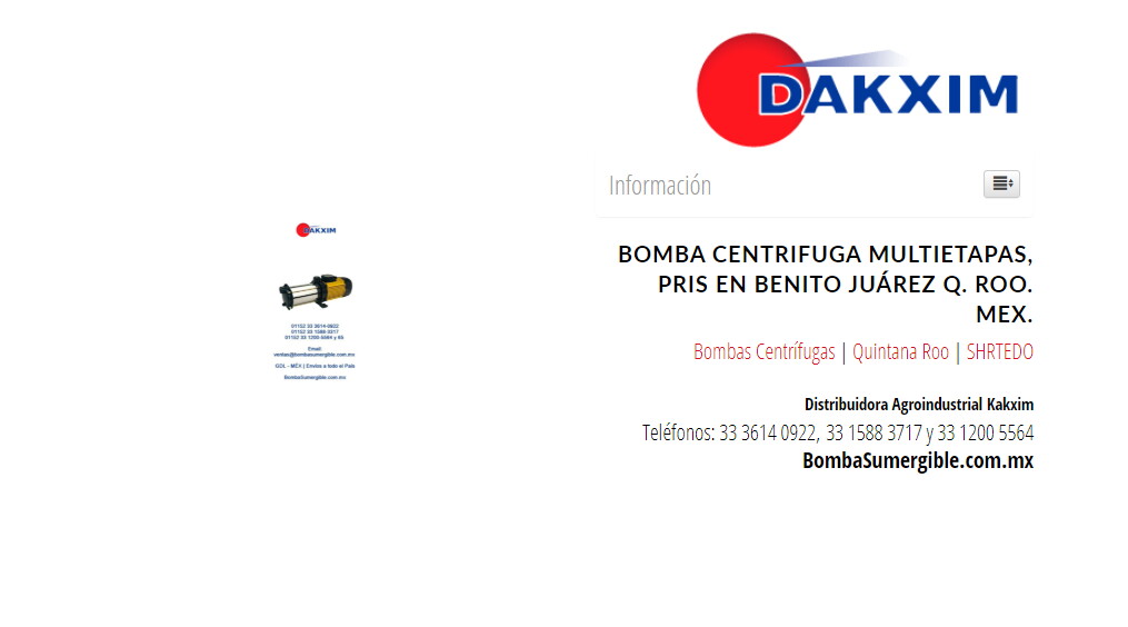 Bomba Centrifuga Multietapas, Pris en Benito Juárez Q. Roo. Mex.
