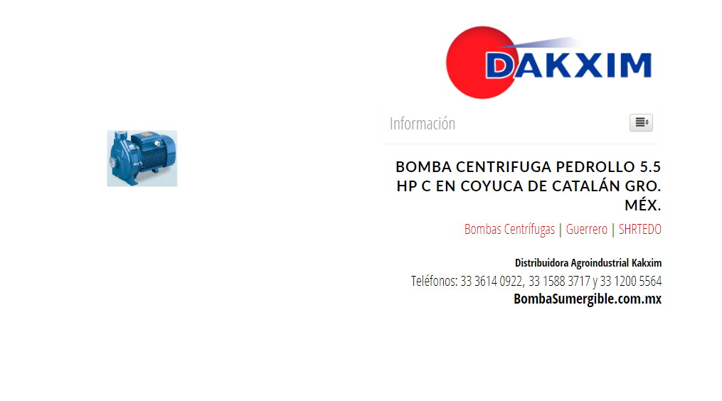 Bomba Centrifuga Pedrollo 5.5 Hp C en Coyuca de Catalán Gro. Méx.