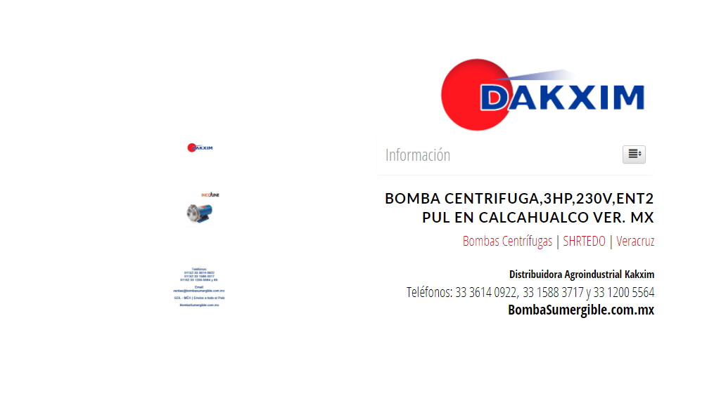 Bomba Centrifuga,3hp,230v,ent2 Pul en Calcahualco Ver. Mx
