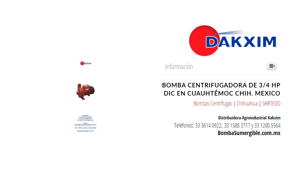 Bomba Centrifugadora De 3/4 Hp Dic en Cuauhtémoc Chih. Mexico