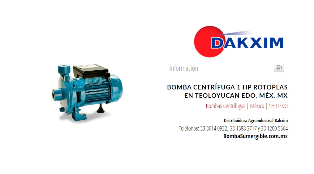 Bomba Centrífuga 1 Hp Rotoplas en Teoloyucan Edo. Méx. MX