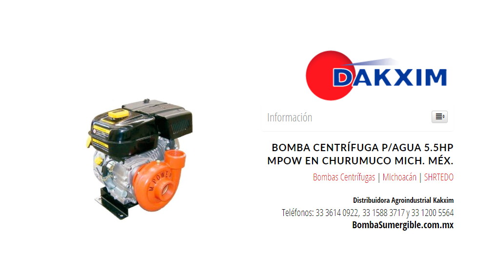Bomba Centrífuga P/agua 5.5hp Mpow en Churumuco Mich. Méx.