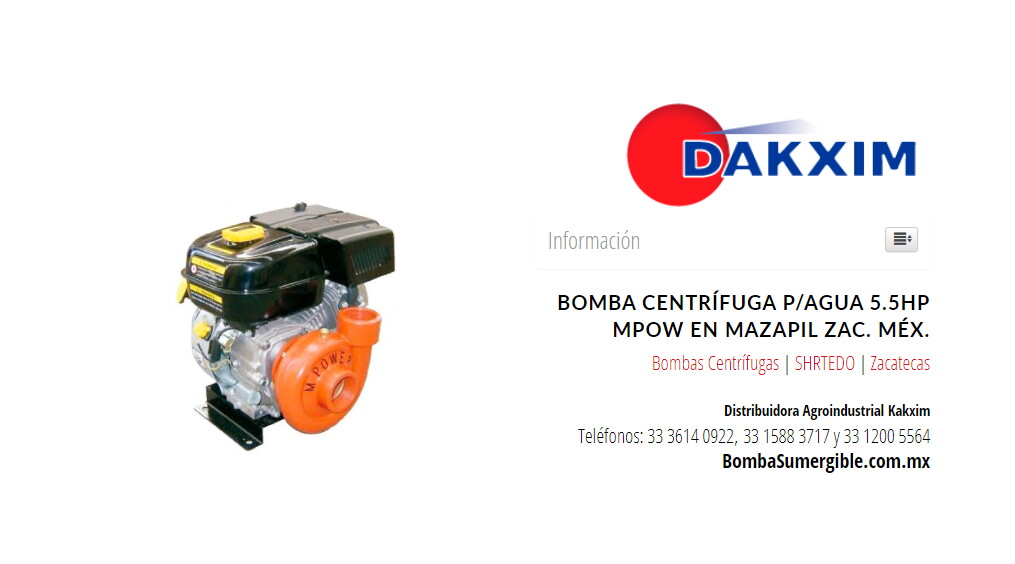 Bomba Centrífuga P/agua 5.5hp Mpow en Mazapil Zac. Méx.