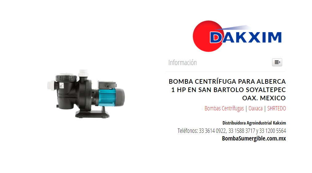Bomba Centrífuga Para Alberca 1 Hp en San Bartolo Soyaltepec Oax. Mexico