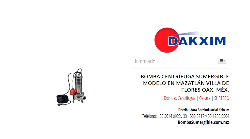 Bomba Centrífuga Sumergible Modelo en Mazatlán Villa de Flores Oax. Méx.