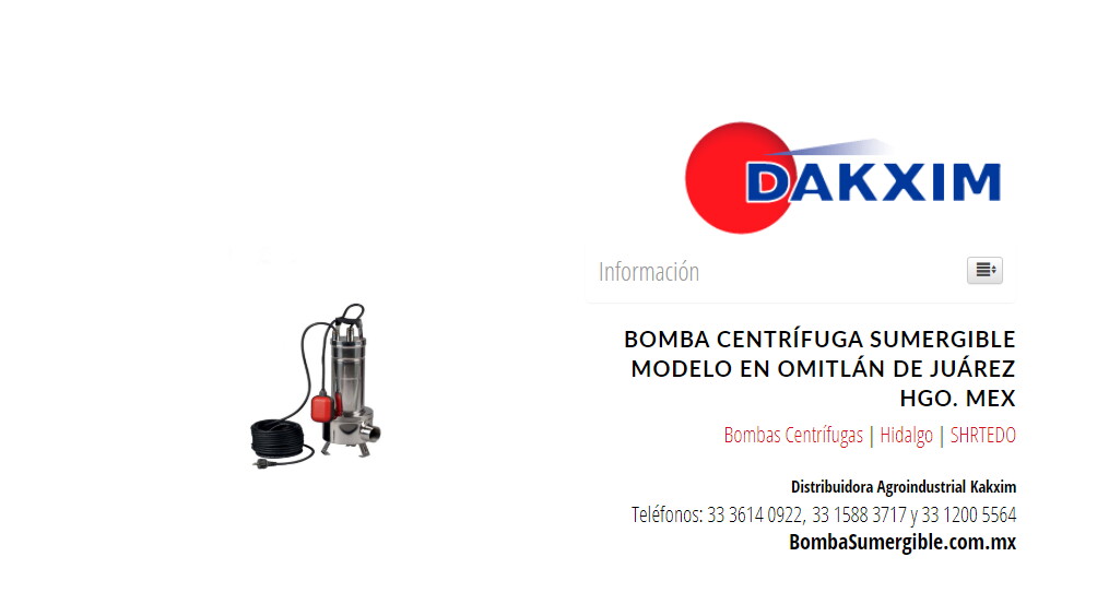 Bomba Centrífuga Sumergible Modelo en Omitlán de Juárez Hgo. Mex