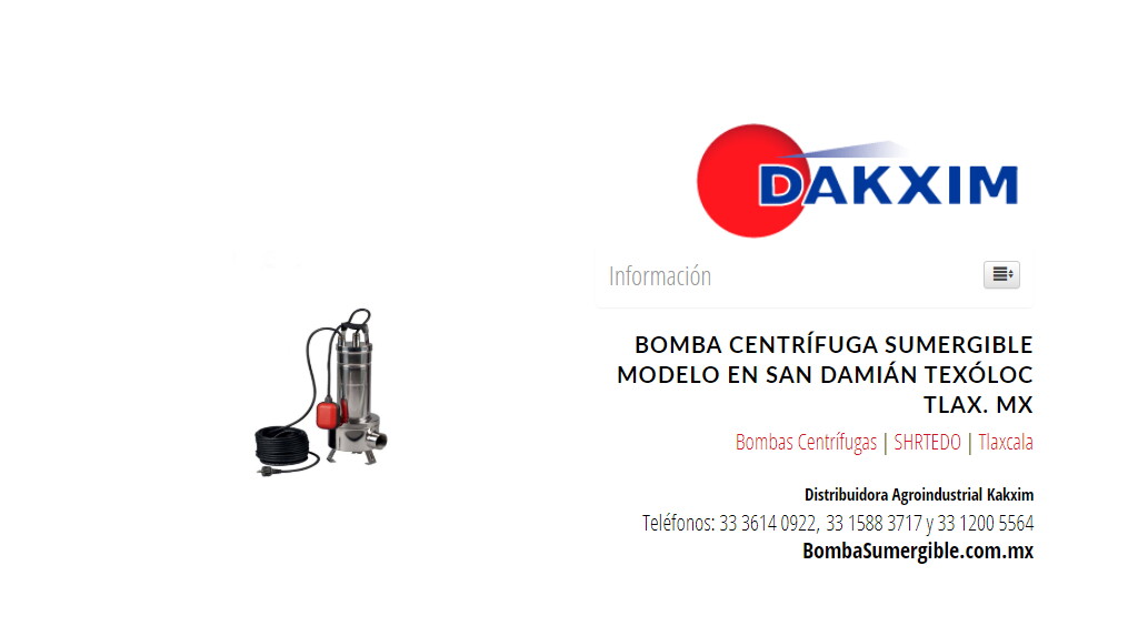 Bomba Centrífuga Sumergible Modelo en San Damián Texóloc Tlax. Mx