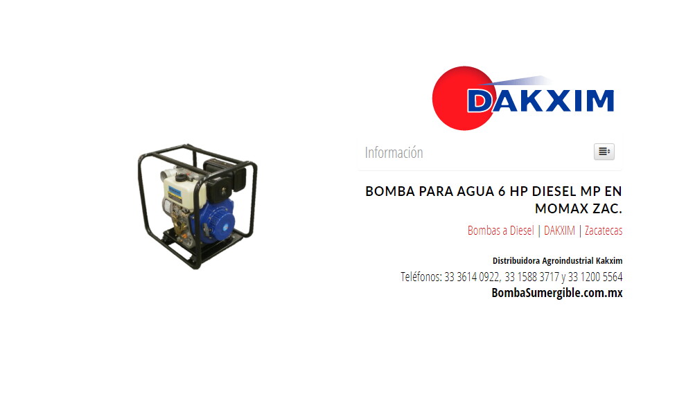Bomba Para Agua 6 Hp Diesel Mp en Momax Zac.