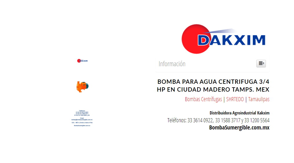 Bomba Para Agua Centrifuga 3/4 Hp en Ciudad Madero Tamps. Mex