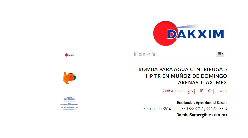 Bomba Para Agua Centrifuga 5 Hp Tr en Muñoz de Domingo Arenas Tlax. Mex