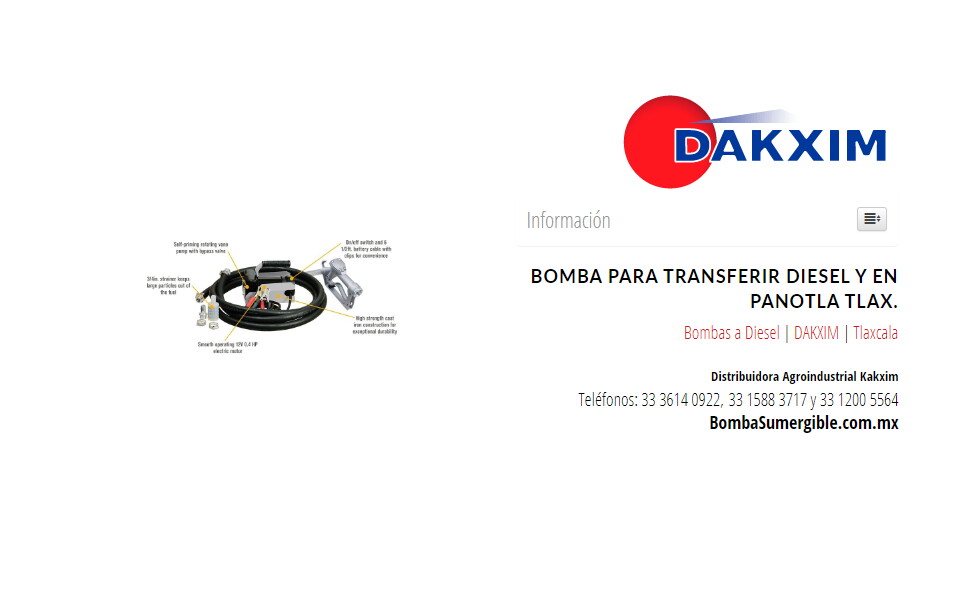 Bomba Para Transferir Diesel Y en Panotla Tlax.