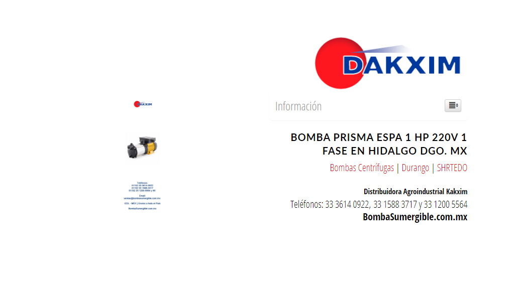 Bomba Prisma Espa 1 Hp 220v 1 Fase en Hidalgo Dgo. MX