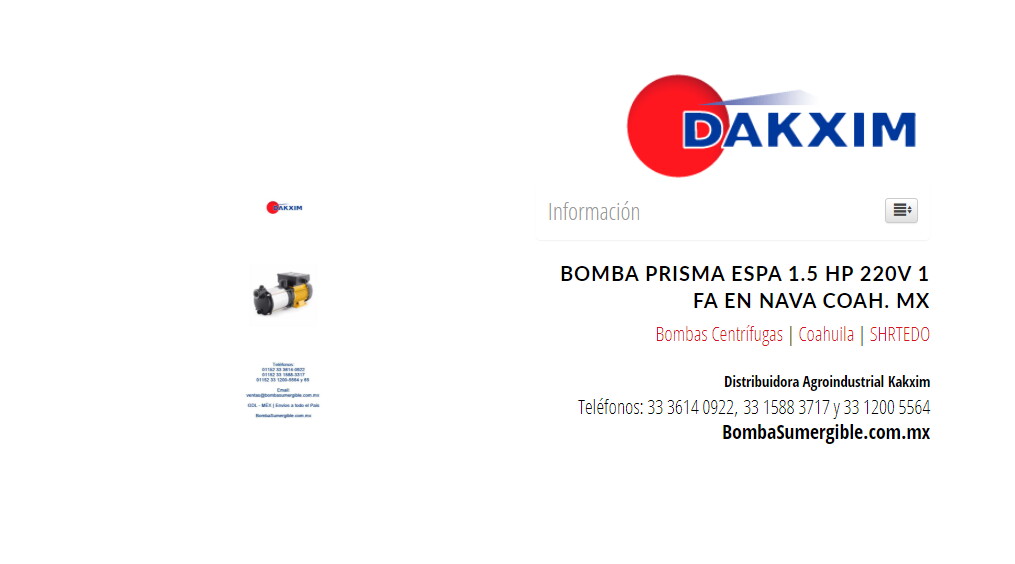 Bomba Prisma Espa 1.5 Hp 220v 1 Fa en Nava Coah. MX