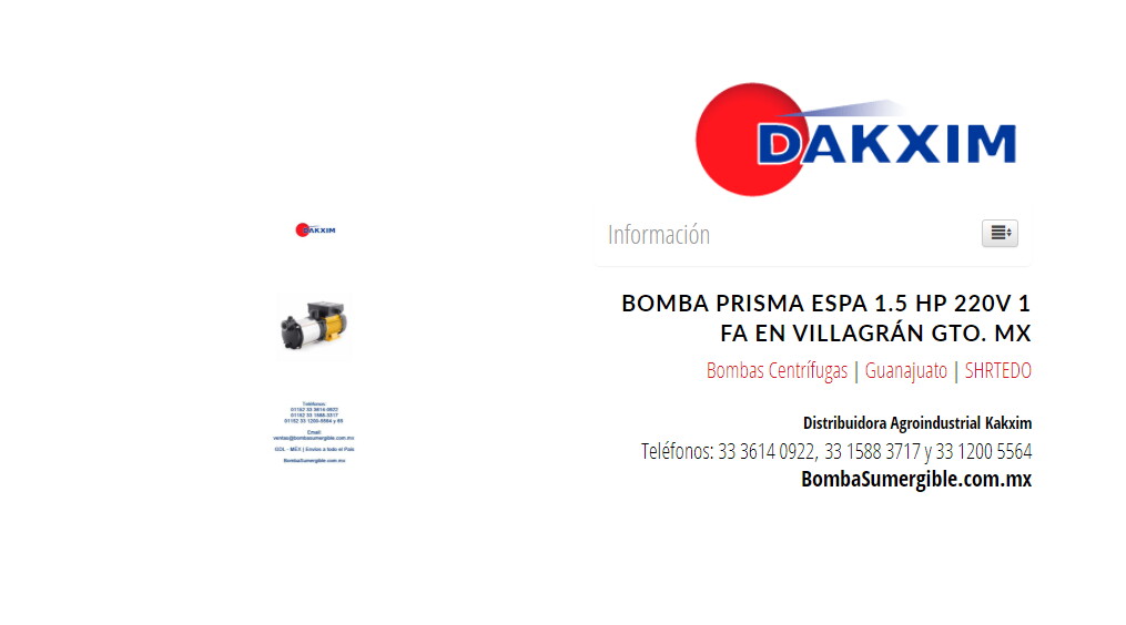 Bomba Prisma Espa 1.5 Hp 220v 1 Fa en Villagrán Gto. MX