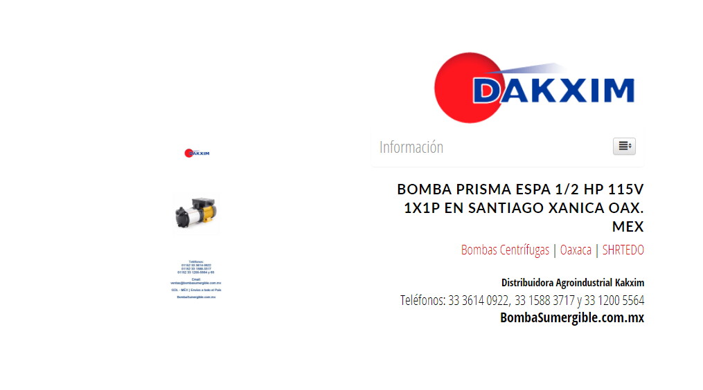 Bomba Prisma Espa 1/2 Hp 115v 1x1p en Santiago Xanica Oax. Mex