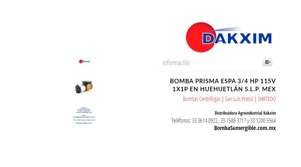 Bomba Prisma Espa 3/4 Hp 115v 1x1p en Huehuetlán S.L.P. Mex