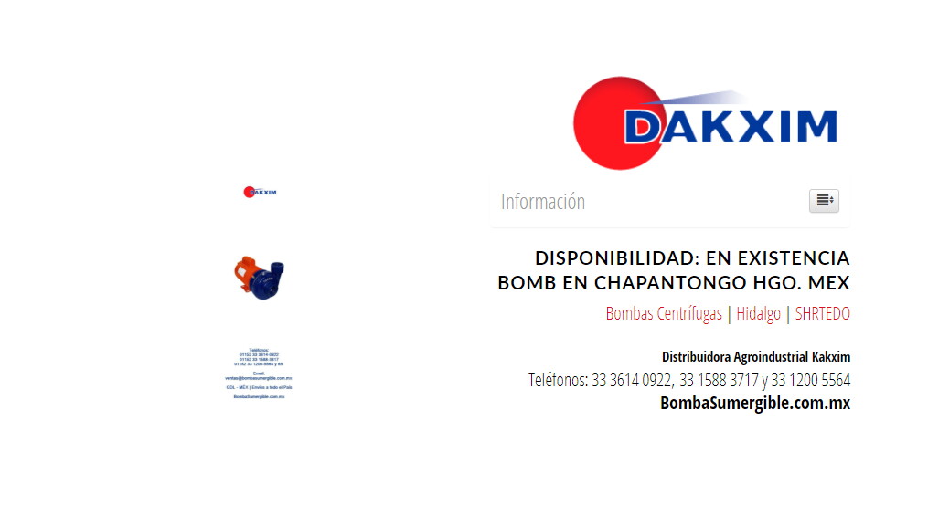 Disponibilidad: En Existencia Bomb en Chapantongo Hgo. Mex