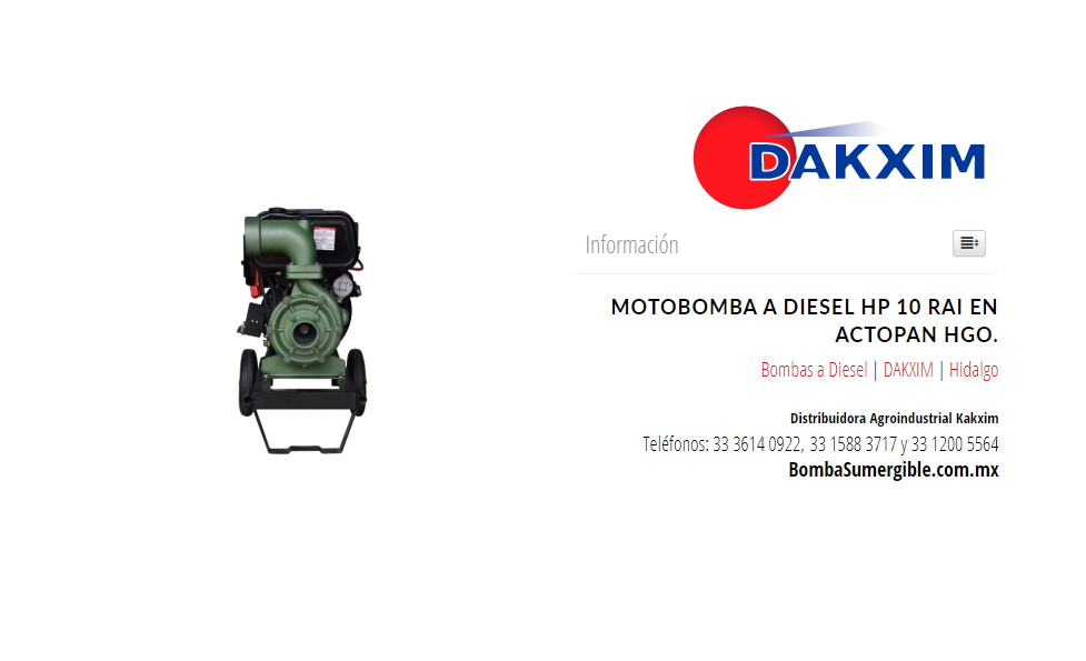 Motobomba A Diesel  Hp 10  Rai en Actopan Hgo.