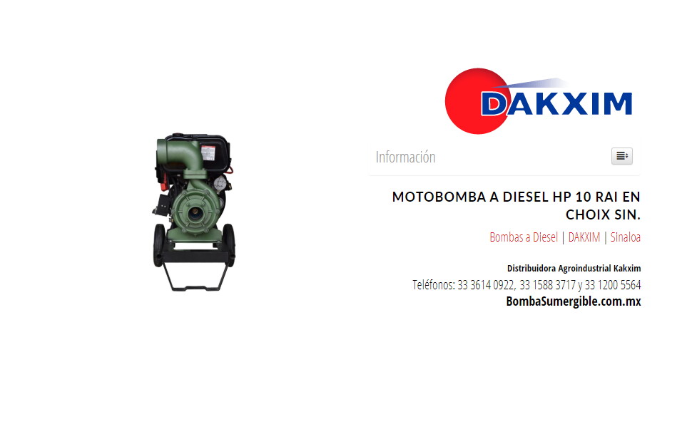 Motobomba A Diesel  Hp 10  Rai en Choix Sin.