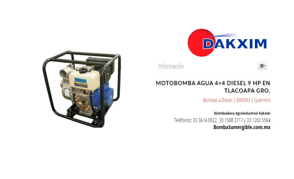Motobomba Agua 4×4 Diesel 9 Hp en Tlacoapa Gro.