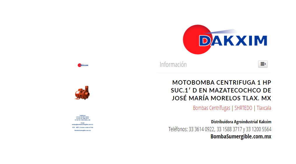 Motobomba Centrifuga 1 Hp Suc.1′ D en Mazatecochco de José María Morelos Tlax. MX