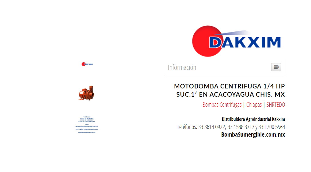 Motobomba Centrifuga 1/4 Hp Suc.1′ en Acacoyagua Chis. Mx