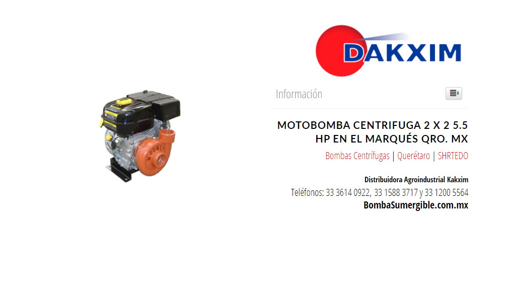 Motobomba Centrifuga 2 X 2 5.5 Hp en El Marqués Qro. MX