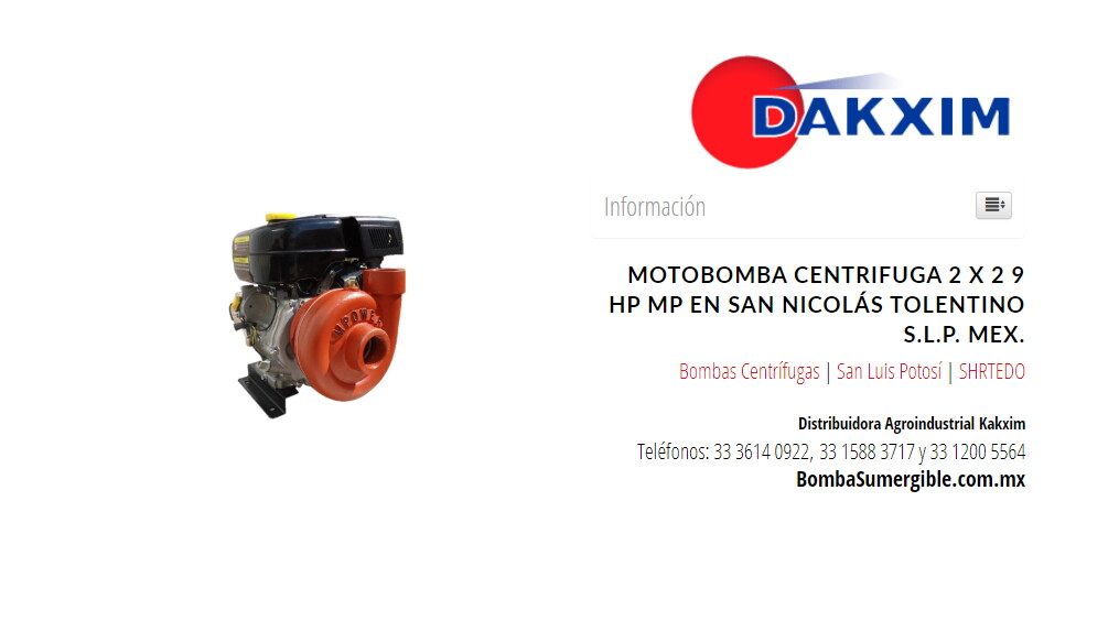 Motobomba Centrifuga 2 X 2 9 Hp Mp en San Nicolás Tolentino S.L.P. Mex.