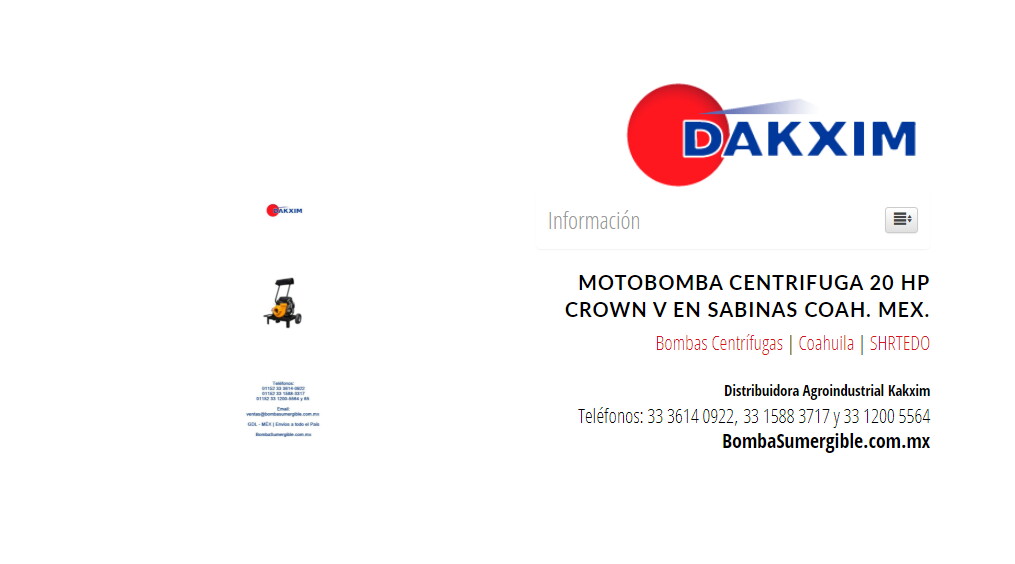 Motobomba Centrifuga 20 Hp Crown V en Sabinas Coah. Mex.