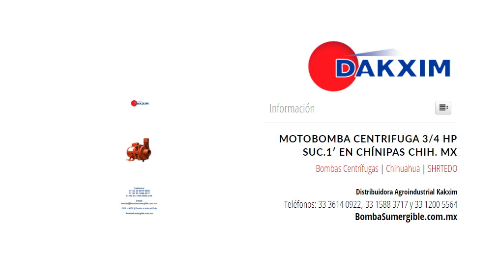 Motobomba Centrifuga 3/4 Hp Suc.1′ en Chínipas Chih. MX